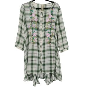Aratta Summer Breeze Button Front Top Embroidered Shirt Dress Size L Green